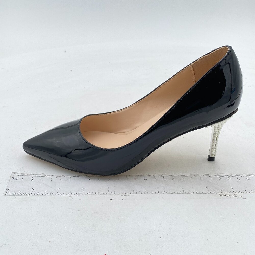 FSJ Black Dress Pointed Toe Mid Heel Pumps Slip on Dress Comfy Shoes